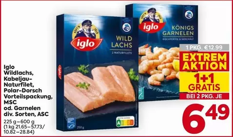 Wildlachs, Kabeljau-Naturfilet, Polar-Dorsch Vorteilspackung, MSC od. Garnelen div. Sorten, ASC