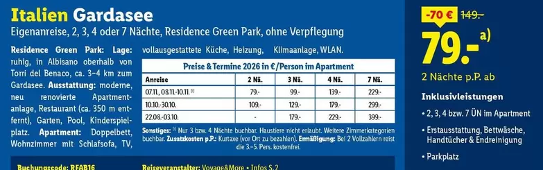 Park - Italien Gardasee Eigenanreise, 2, 3, 4 oder 7 Nächte, Residence Green , ohne Verpflegung