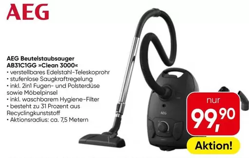 Aeg - Beutelstaubsauger AB31C1GG Clean 3000