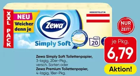 Simply Soft Toilettenpapier, 3-lagig, 20er-Pkg. versch. Sorten oder Premium Toilettenpapier, 4-lagig, 18er-Pkg.