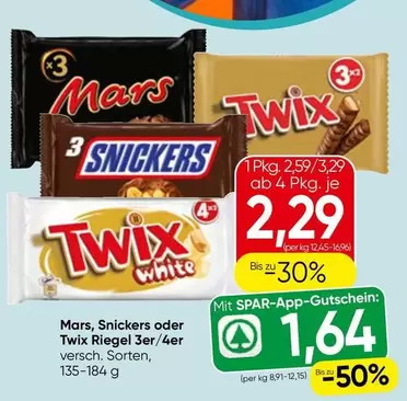 Mars, Snickers oder Twix Riegel 3er/4er