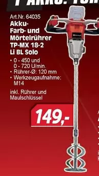 Akku-Farb- und Mörtelrührer TP-MX 18-2 Li BL Solo