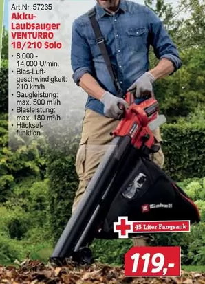 Einhell - Akku-Laubsauger VENTURRO 18/210
