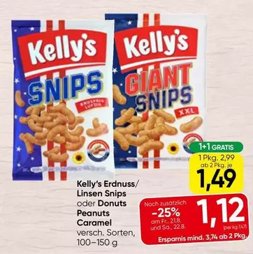 Kelly's Erdnuss/ Linsen Snips oder Donuts Peanuts Caramel