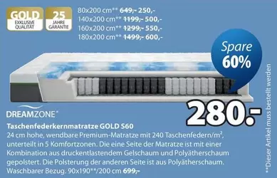 Gold - Taschenfederkernmatratze GOLD S60