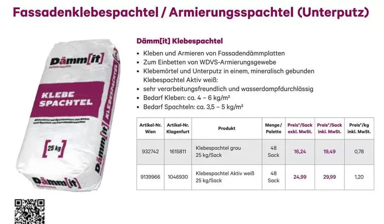 Palette - Fassadenklebespachtel / Armierungsspachtel (Unterputz)