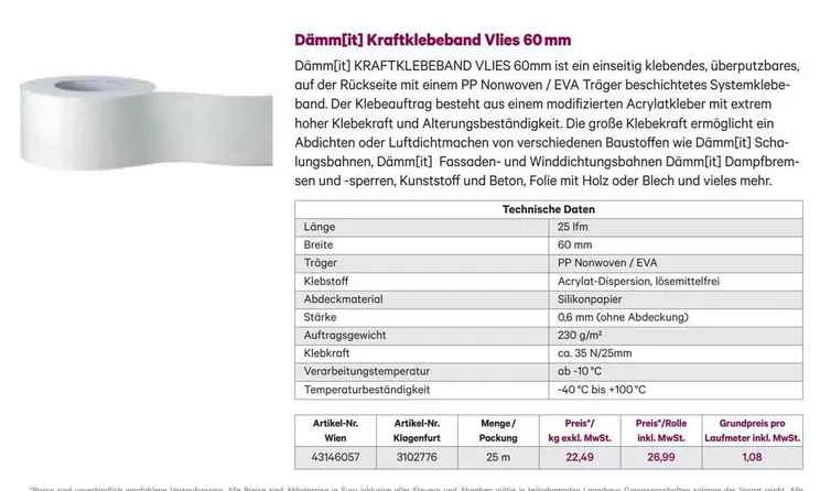 Dämm(t) Kraftklebeband Vlies 60 mm