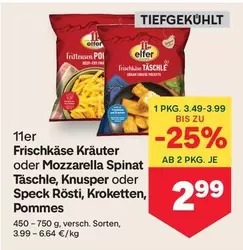 Frischkäse Kräuter oder Mozzarella Spinat Täschle, Knusper oder Speck Rösti, Kroketten, Pommes