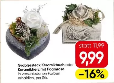 Grabgesteck Keramikbuch oder Keramikherz mit Foamrose