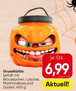 Gruselkürbis gefüllt mit Brausepulver, Lutscher, Marshmallows und Zuckerl