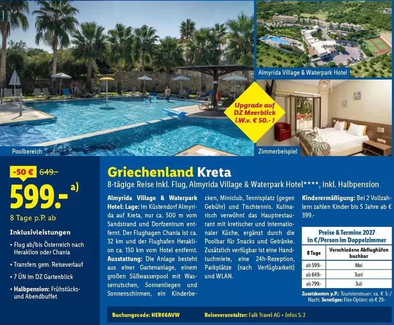 Kinder - Griechenland Kreta 8-tägige Reise inkl. Flug, Almyrida Village & Waterpark Hotel, inkl. Halbpension