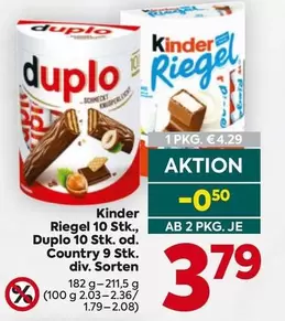 Kinder - Riegel 10 Stk., Duplo 10 Stk. od. Country 9 Stk.