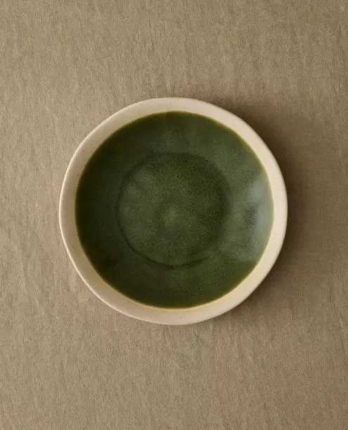 PLATO POSTRE GRES VERDE Y BEIGE