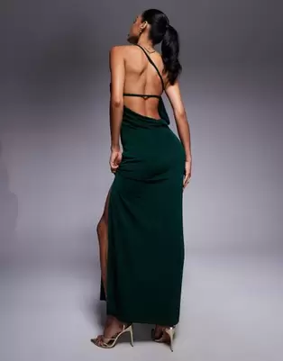 ASOS Design – Anschmiegsames One-Shoulder-Maxikleid in Flaschengrün mit Seitenschlitz