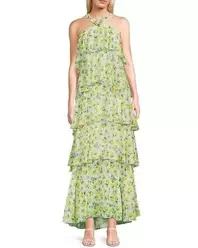 Felicia Printed Ruffle Maxi Dress - Green