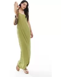 Plisse Jersey Maxi Dress With Asymmetric Hem - Green
