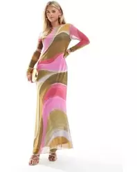 Long Sleeved Mesh Dress Maxi - Multicolor