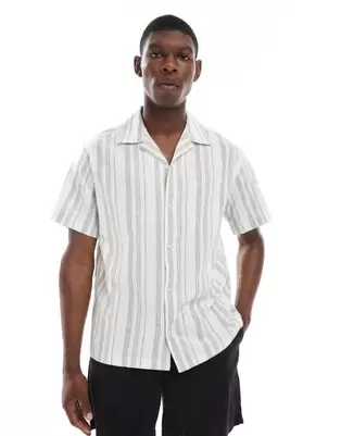 Jack & Jones Premium – Gestreiftes Hemd aus Leinenmix in Weiß