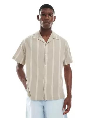 Jack & Jones Premium – Gestreiftes Hemd aus Leinenmix in Creme