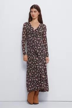 Floral midi dress with neckline bow or tie