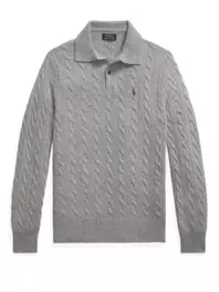 Langärmliges Strick-Poloshirt mit Zopfmuster und Kaschmiranteil