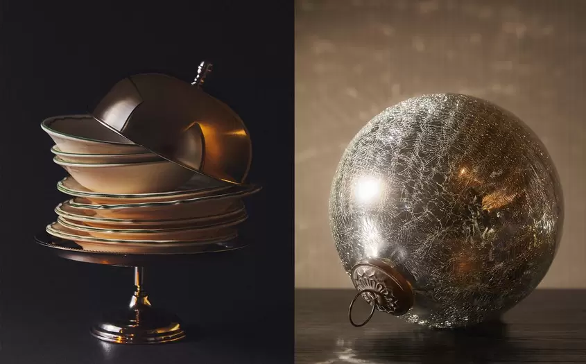 GESCHIRR MIT KONTRASTIERENDEM RAND UND WEIHNACHTSKUGEL