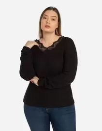 Pullover - Spitzenbesatz - schwarz