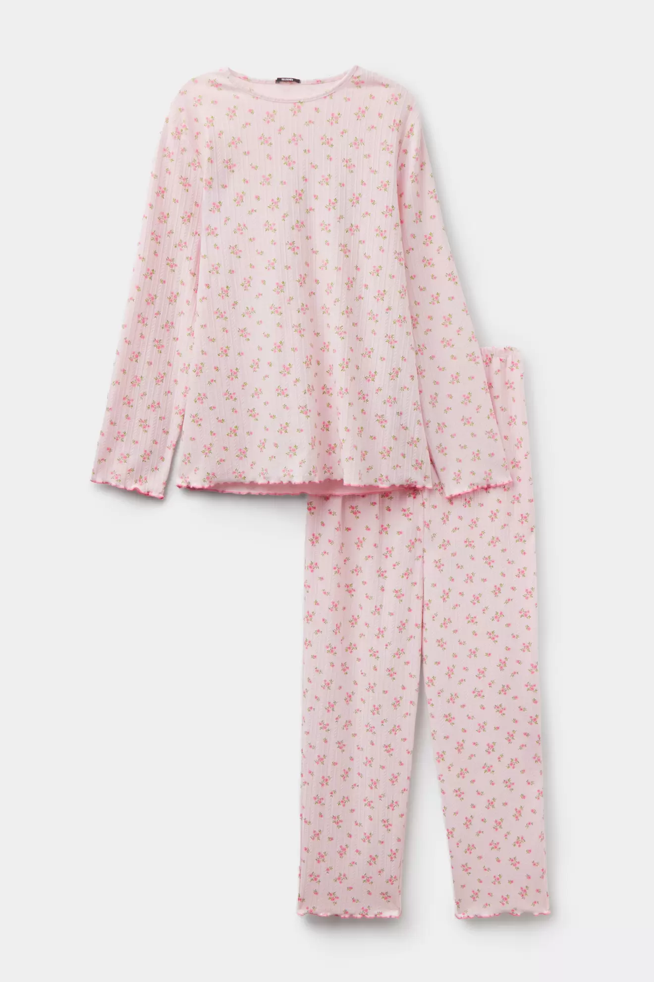 Langer Pyjama aus perforiertem Baumwollripp und Blümchenprint Add to wishlist: Langer Pyjama aus perforiertem Baumwollripp und Blümchenprint