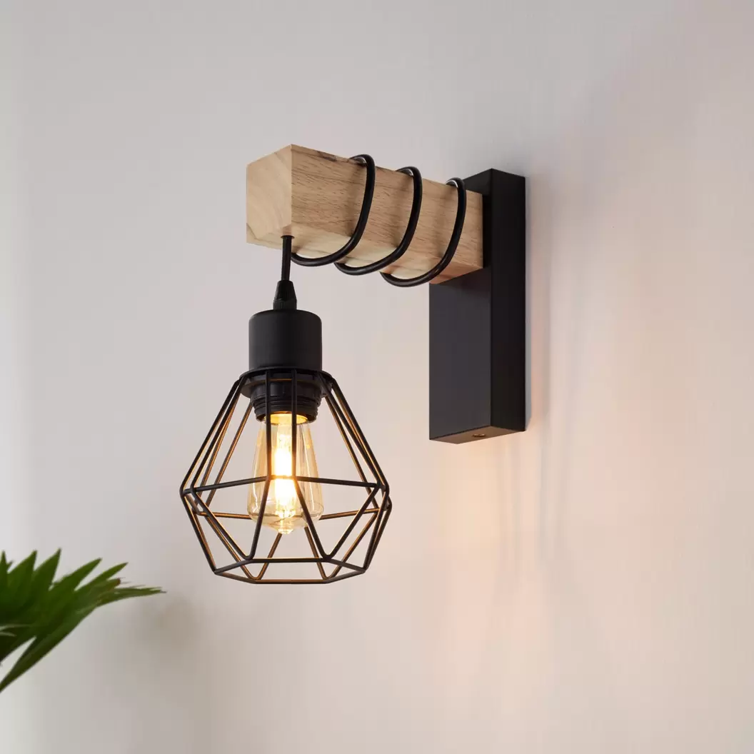 Wandleuchte Townshend, Breite 14 cm, schwarz/eiche