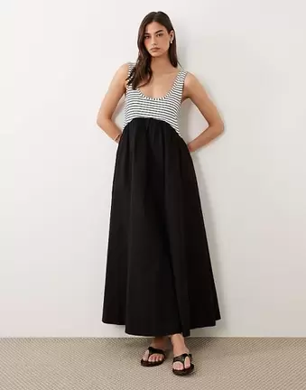 ASOS DESIGN – Hybrid-Maxikleid aus Interlock-Stoff in Schwarz mit U-Ausschnitt und Rock aus Popeline