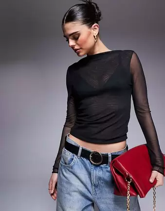 ASOS DESIGN – Hochgeschlossenes, doppellagiges, langärmliges Netzstoff-Oberteil in Schwarz mit figurbetontem Schnitt