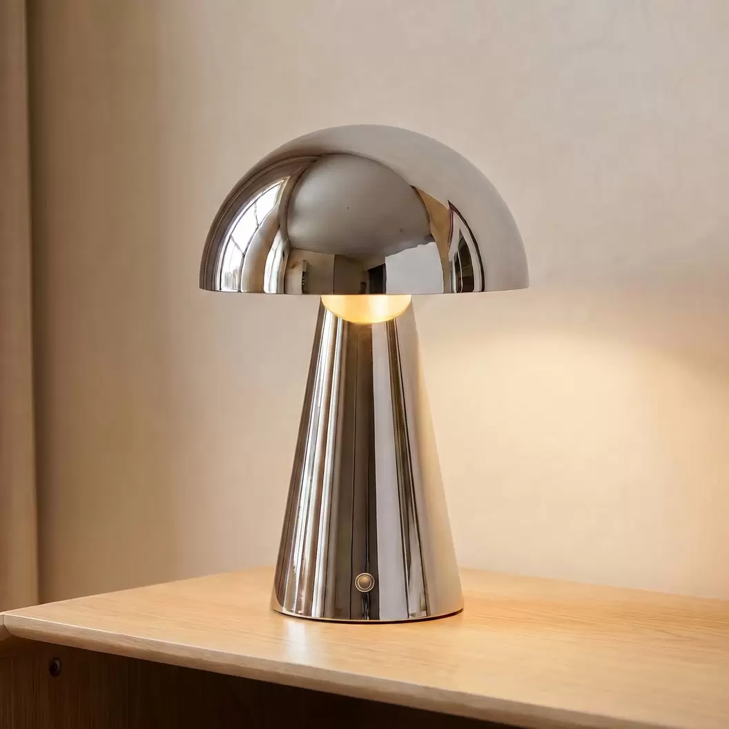 Lindby LED-Akkutischlampe Nevijo, chrom, Ø20cm, USB, Dimmer