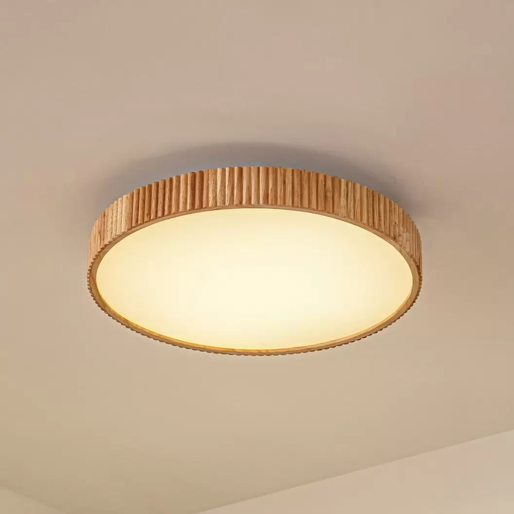 Lindby LED-Deckenleuchte Velua, weiß/holz hell, CCT, Ø 50 cm