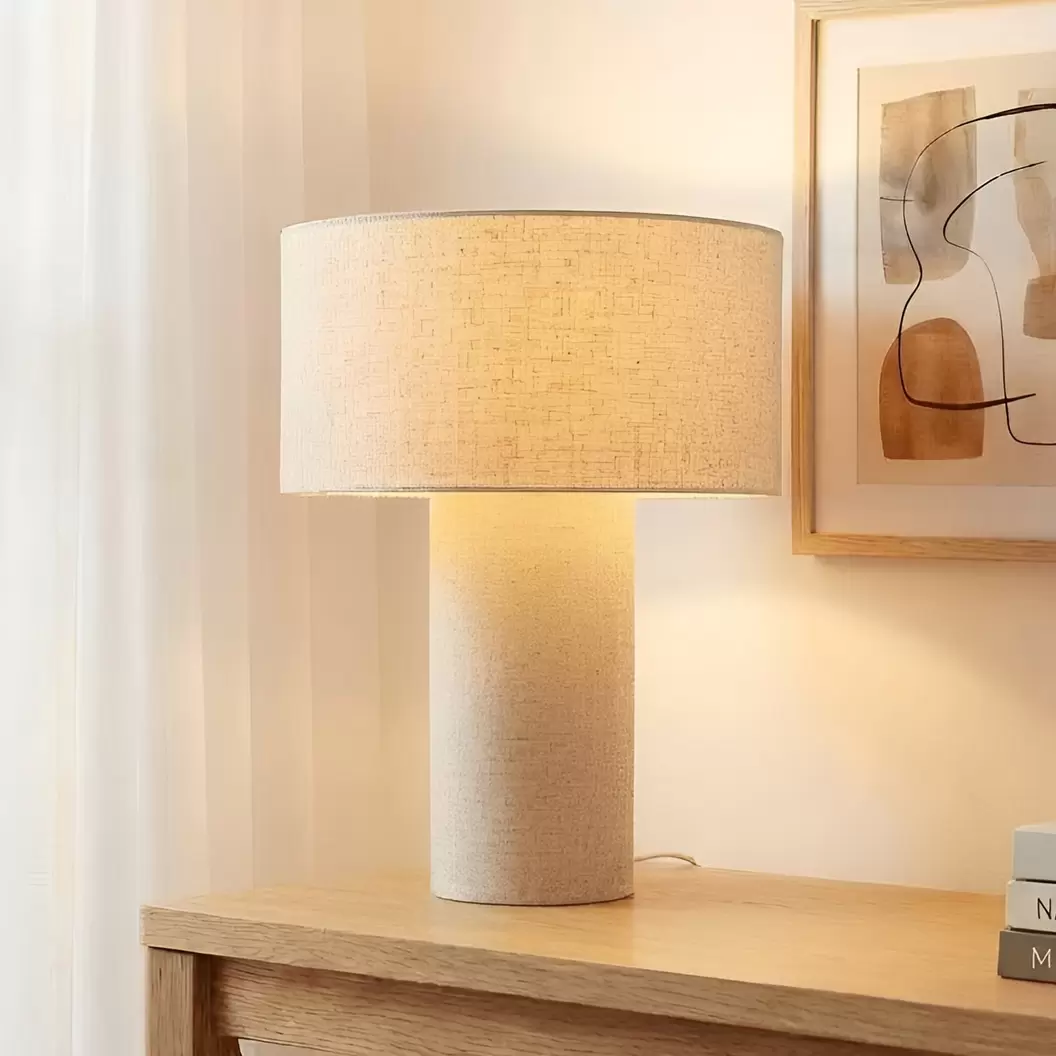 Lindby Tischleuchte Elfie, Ø 35 cm, beige, Leinen, E27