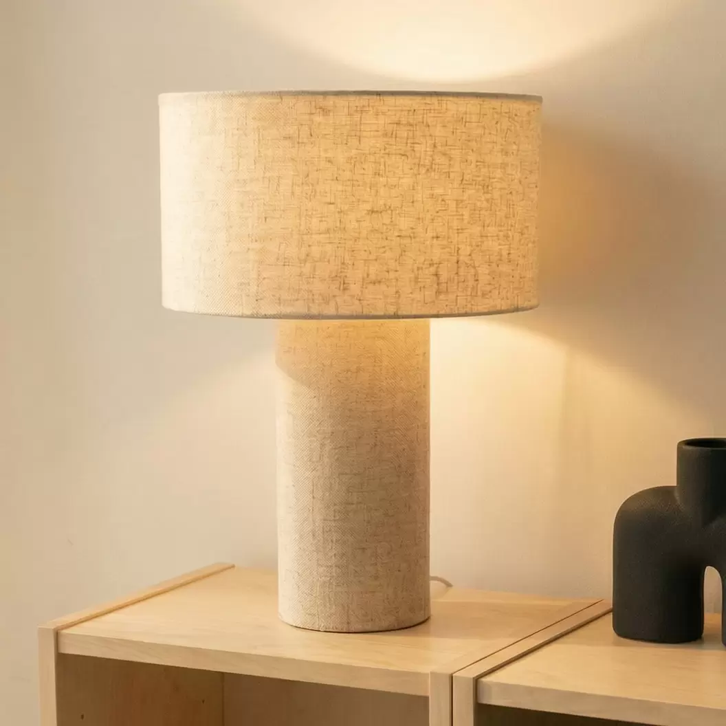 Lindby Tischleuchte Elfie, Ø 35 cm, beige, Leinen, E27