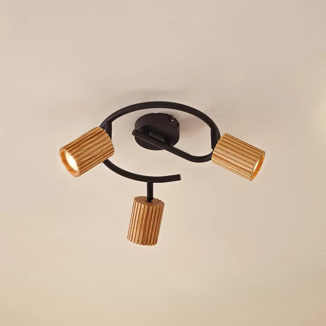 Lindby Deckenstrahler Stralino, 3-flammig, Ø31cm, Holz, GU10