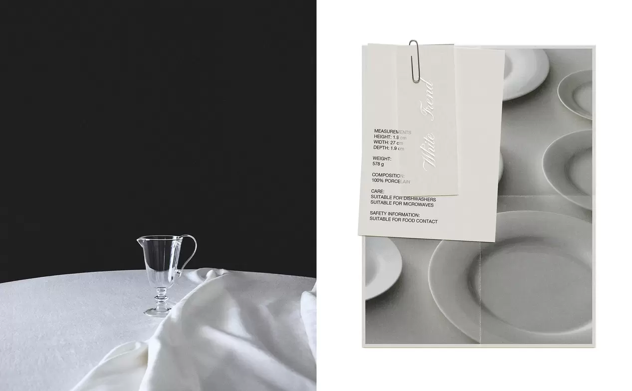 TISCHDECKE, KARAFFE UND GESCHIRR AUS KNOCHENPORZELLAN