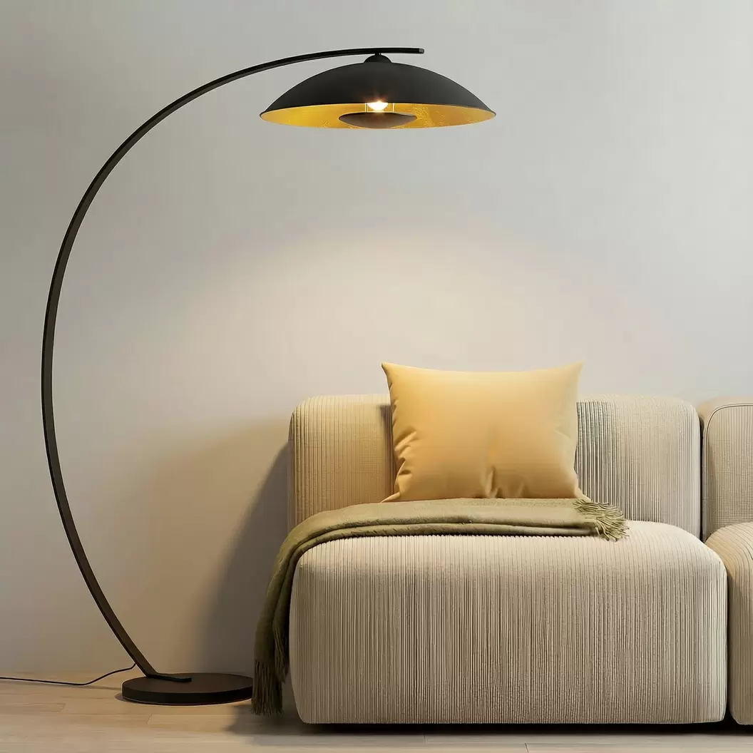 Lindby Bogenstehlampe Emilienne, schwarz, goldfarben, 180 cm