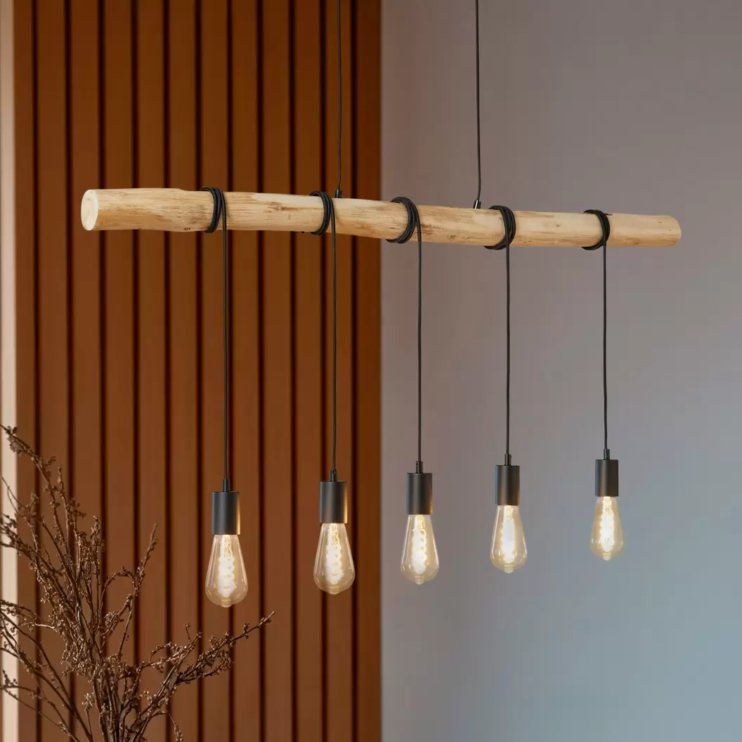 Lindby Hängeleuchte Rom, 5-flg., Holz, Seil, schwarz, 116 cm