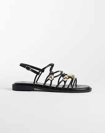 New Look – Sandalen in Schwarz mit mehreren Riemchen und Goldsteindetail