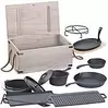 Semptec Urban Survival Technology 9-teiliges Gusseisen-Dutch-Oven-Set mit Aufbewahrungskiste aus Holz