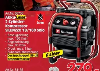 Einhell - Akku-Leise-2-Zylinder-Kompressor SILENZZO 18/160 Solo