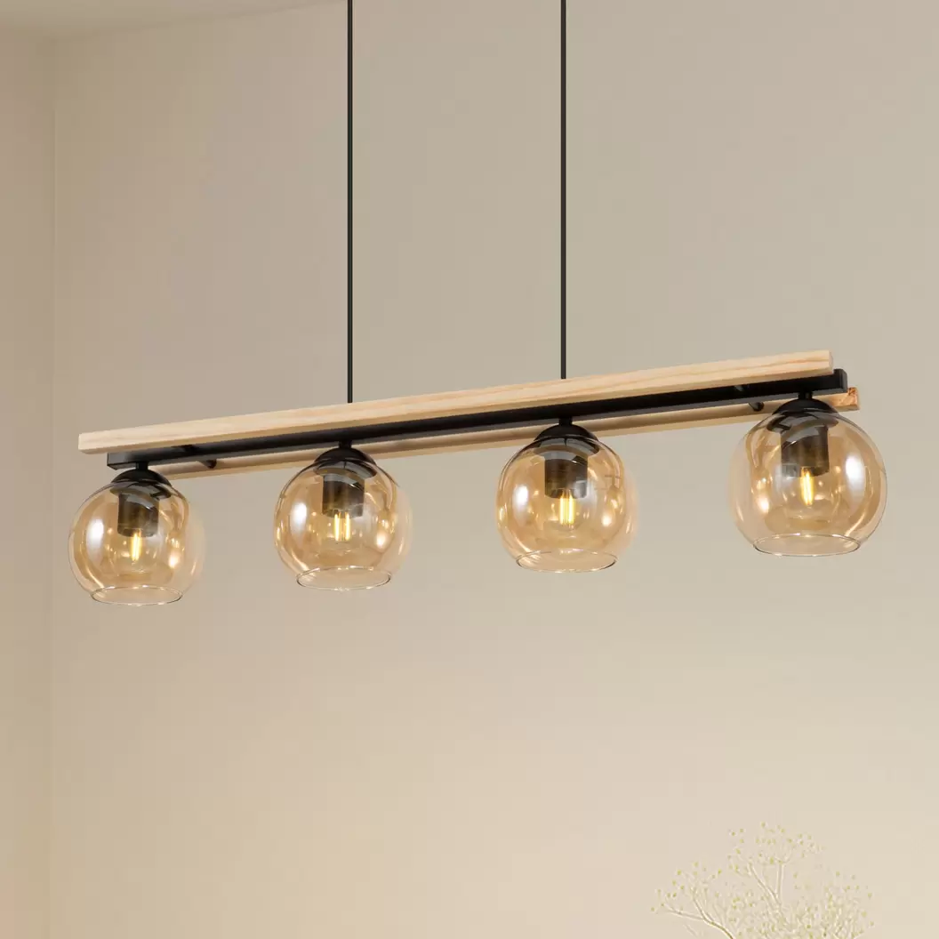 Lindby Hängelampe Enrique, amber, 4-flg., Glas, Holz, E27