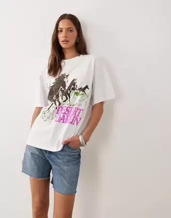 ASOS DESIGN Oversize-Oberteil mit Pferde- und Dessert-Print in Weiß