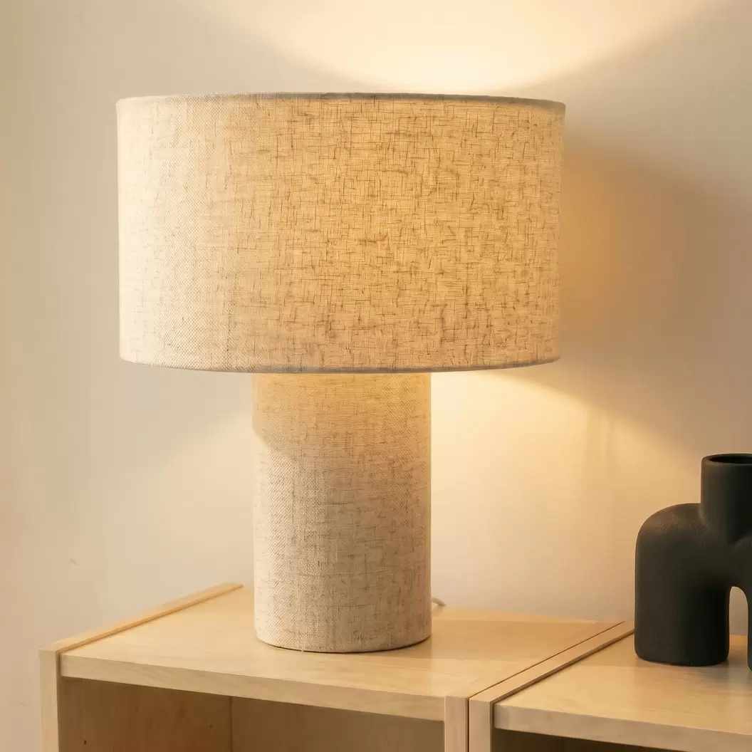 Lindby Tischleuchte Elfie, Ø 35 cm, beige, Leinen, E27