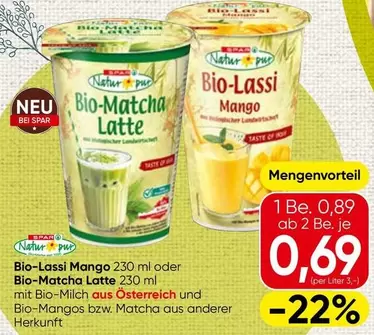 Bio-Lassi Mango oder Bio-Matcha Latte