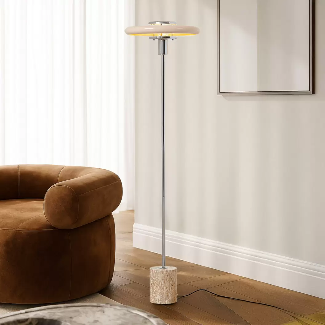 Lindby Stehleuchte Branford, Retro, beige, Metall/Travertin