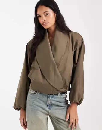 ASOS DESIGN Blouson mit Schalkragen und Wickeloptik in Olivgrün