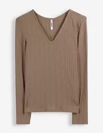 Langarmshirt - V-Ausschnitt - Braun