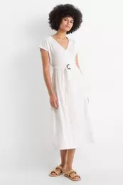 Fit & Flare Kleid mit Gürtel - geblümt - strukturiert